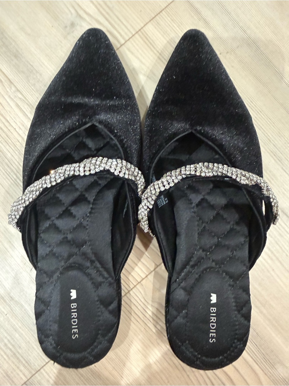 Birdies Black Pointed Crystal-Trim Mules